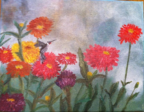 Dalia painting with hummingbird