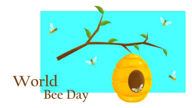 Vector illustration of postcard for world bee day, international bee day, bee hive on a branch, background, banner for the website