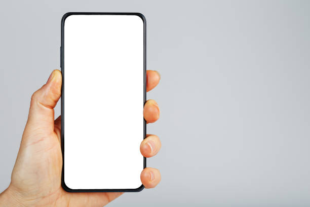 istock Hand holds black smartphone with blank white screen and modern frameless design isolated on gray background. 1483919961