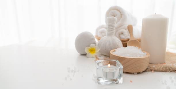 istock Spa accessory composition set in day spa hotel , beauty wellness center 1483920187