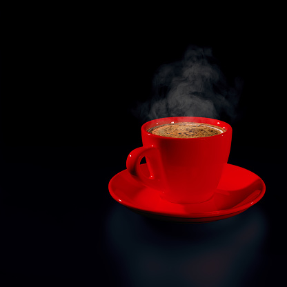 Red cup of hot black coffee with steam on black background. Low key. Copy space. Coffee break time