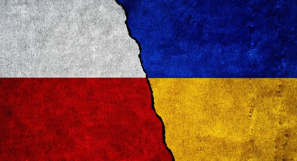 Poland and Ukraine flags together Ukraine and Poland flag on a wall with a crack. Ukraine and Poland relations ukrayna stock illustrations