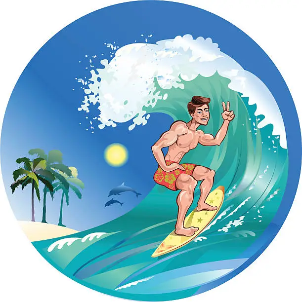 Vector illustration of pair of dolphins and surfer