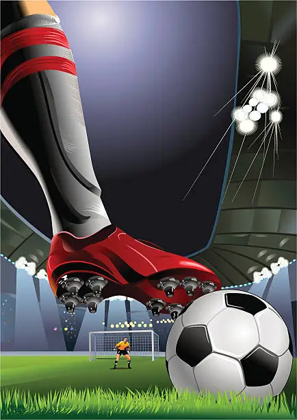 Vector illustration of A soccer players foot kicking a ball in a stadium