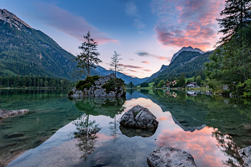 Beautiful view of Trees in Hintersee Lake during Sunset, Bavaria, Germany, Europe