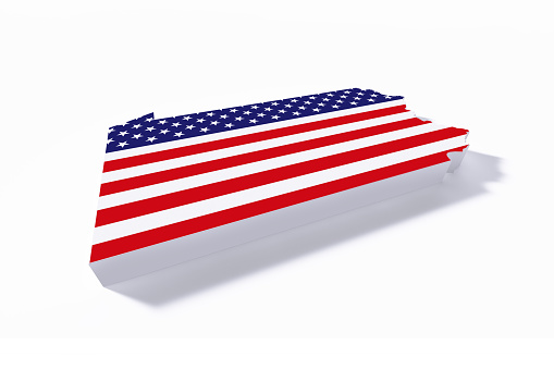 International border of Pennsylvania state textured with American flag on white background. Horizontal composition with copy space.