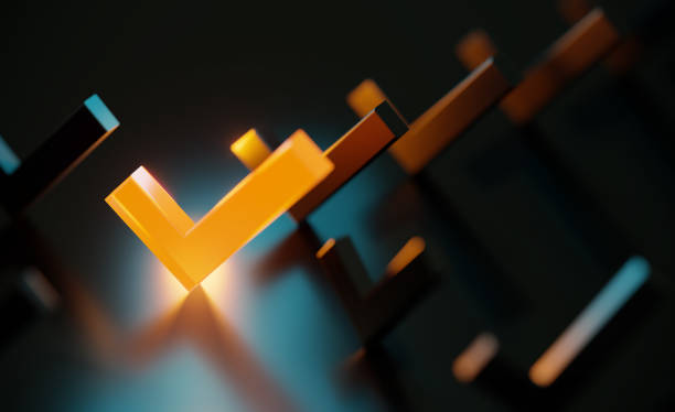istock Orange Check Mark Glowing Amid Black Check Marks On Black Background 1483927009