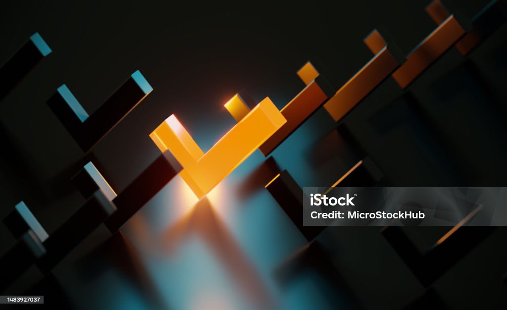 Orange Check Mark Glowing Amid Black Check Marks On Black Background Orange check mark glowing amid black check marks on black background. Horizontal composition with copy space. Check Mark Stock Photo