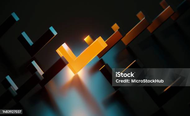 Orange Check Mark Glowing Amid Black Check Marks On Black Background Stock Photo - Download Image Now