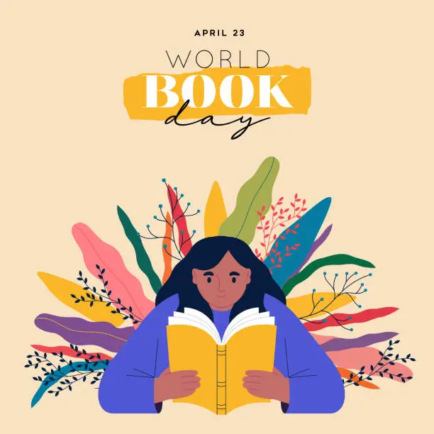 Vector illustration of World book day girl reading book green plant leaf card concept illustration