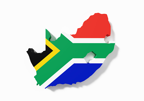 International border of South Africa textured with South African flag on white background. Horizontal composition with clipping path and copy space.