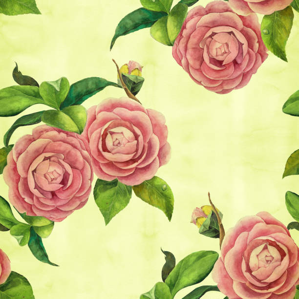 istock Camellia flowers. Branches with flowers, buds and leaves. Seamless background. Oriental style drawing. Graphic arts. Use printed materials, signs, objects, sites, maps, posters, postcards, packaging. 1483928206
