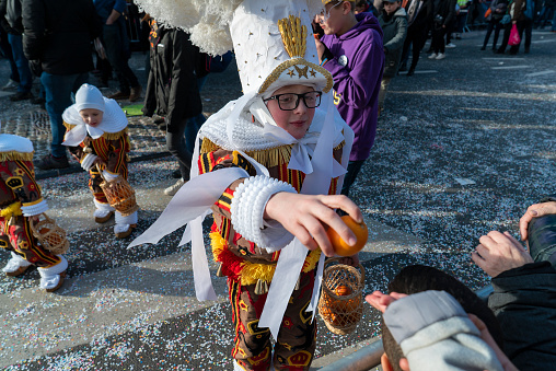 Brussels, Belgium – February 21, 2023: An annual carnival in in the city of Binche, Belgium held every year at the beginning of lent.