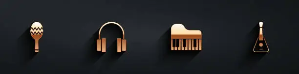 Vector illustration of Set Maracas, Headphones, Grand piano and Guitar icon with long shadow. Vector