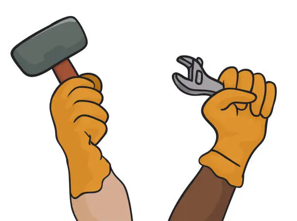 Vector illustration of Raised hands with work gloves holding a hammer and an adjustable wrench, Vector illustration