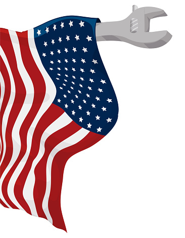 Adjustable wrench with American flag hanging from it in cartoon style on white background.