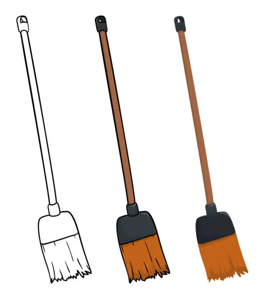 Vector illustration of Set of brooms in outlines and cartoon versions, Vector illustration