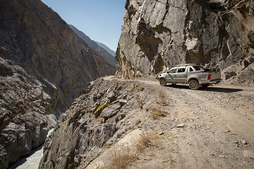 Dangerous road to Nanga Parbat base camp travelling by off road car Pakistan