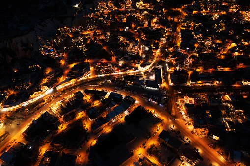 Directly above view of night city, drone view, Goreme, Cappadocia