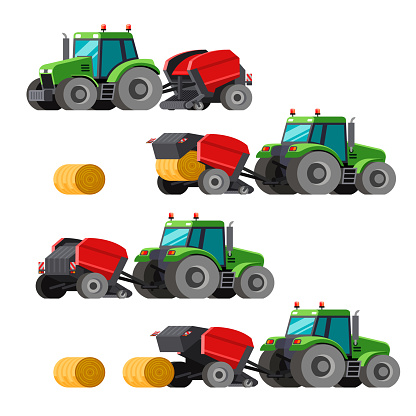 Farm hay baler trailed by tractor to compress a cut and raked crop into compact round bales. Colorful vector clip art on white background