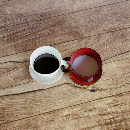 Joined together by the handle, two coffee cups, filled with espresso and with milk sit on a wooden table. CGI