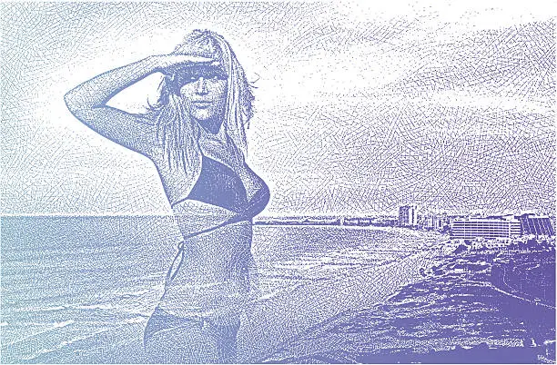 Vector illustration of Woman At Beach, Searching