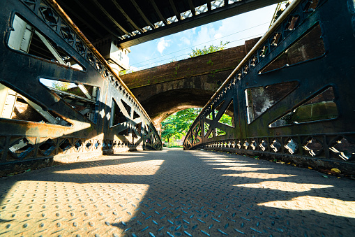 This is the Flaucher bridge at river Isar in Munich/Germany, viewed from below.