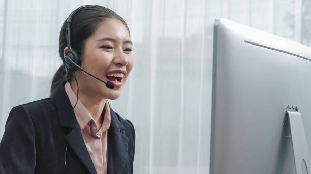 istock Enthusiastic female operator provide helpful customer service to customer. 1483953681