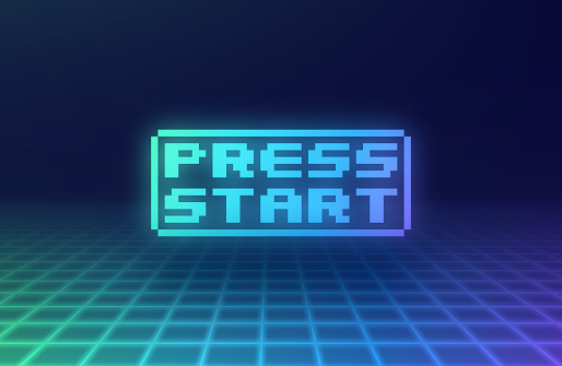 Press Start retro digital video game end screen abstract background grid design.