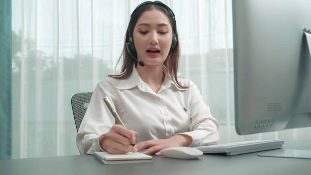istock Enthusiastic female operator provide helpful customer service to customer. 1483954144