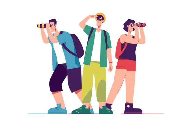 Vector illustration of Vector illustration of a group of enthusiastic friends tourists travelers looking through binoculars