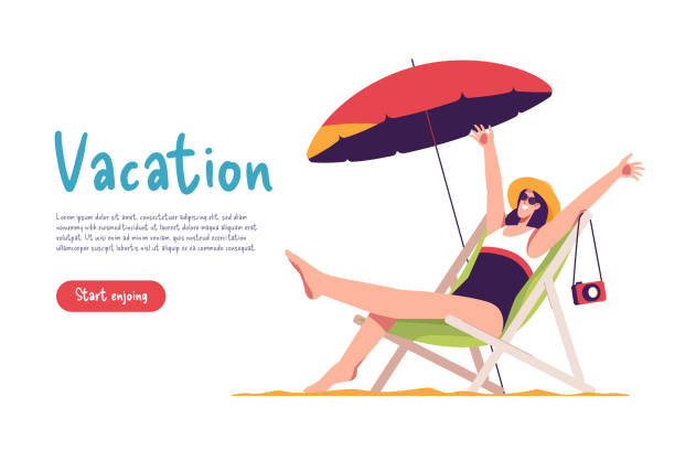 ilustrações, clipart, desenhos animados e ícones de regozijando jovem mulher usando chapéu e óculos de sol sentada na espreguiçadeira na praia. ilustração vetorial - vector sand summer smiling