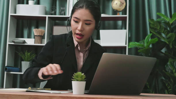 istock Enthusiastic female operator provide helpful customer service to customer. 1483955526