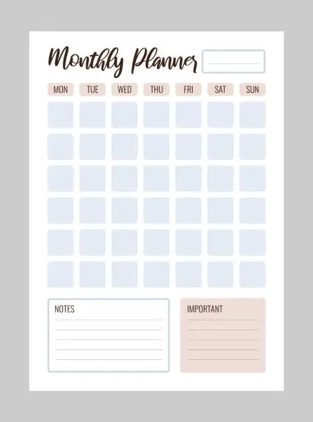 Vector illustration of Monthly planner printable vector template. Blank organizer page A4, A5.  Business schedule page for a month for effective planning. Personal notebook. Week starts on Monday. Paper sheet. White background.