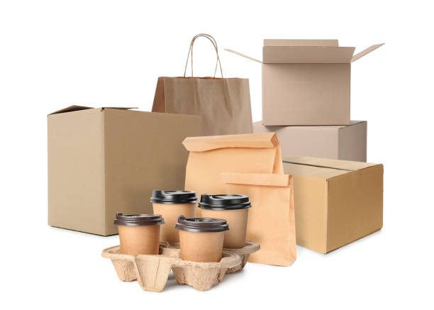 istock Set with different cardboard boxes, paper bags and takeaway cups on white background 1483961870