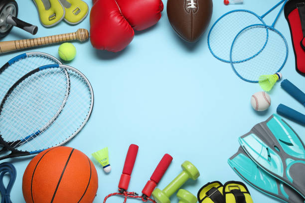 istock Set of different sports equipment on light blue background, flat lay. Space for text 1483961879