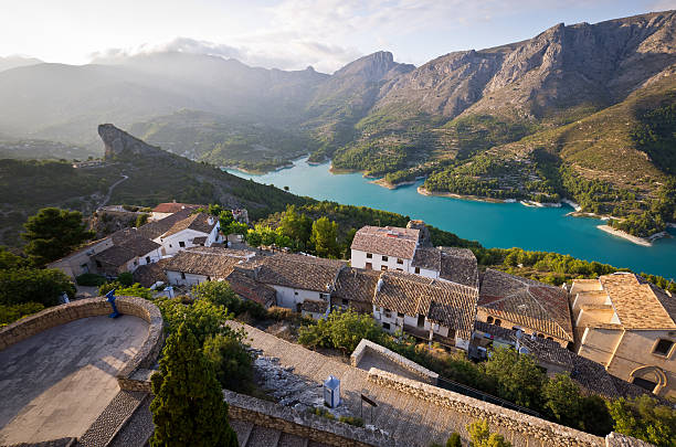 Late evening sunshine on the popular tourist destination of Guadalest near Benidorm. Ultra Wideangle view