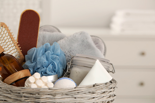 Spa gift set with different products indoors, closeup