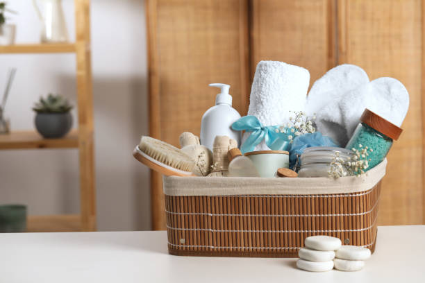 istock Spa gift set with different products on white table in bathroom. Space for text 1483963090