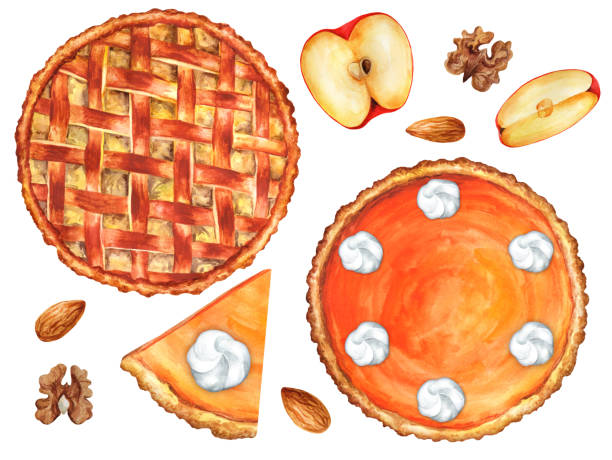 ilustrações de stock, clip art, desenhos animados e ícones de pumpkin and american apple pie on a white background. watercolor illustration - pie baked food pumpkin pie