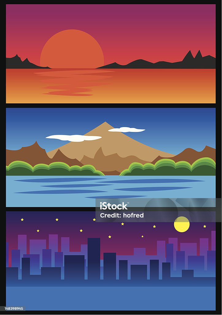 Sunrise, a las montañas y la ciudad por la noche. - arte vectorial de Aire libre libre de derechos