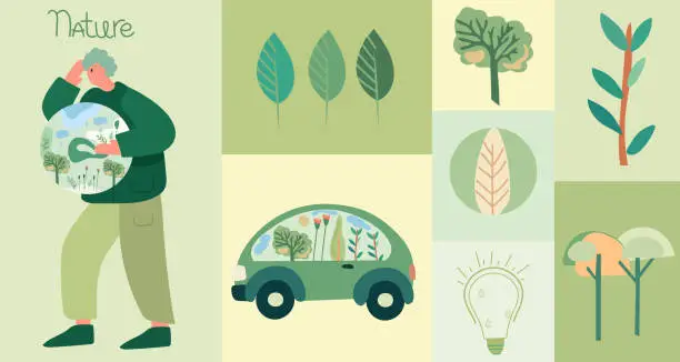 Vector illustration of Conservation of the planet. Illustration depicting eco-friendly elements of the environment, with a man holding the Earth in his hands, green car, leaves. Global Warming and Climate Change Concept.