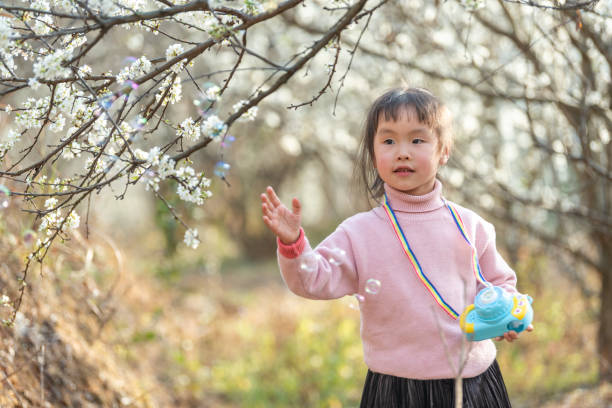 istock A girl blowing bubbles in the plum forest 1483989746