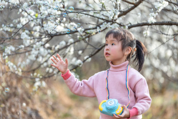 istock A girl blowing bubbles in the plum forest 1483989810