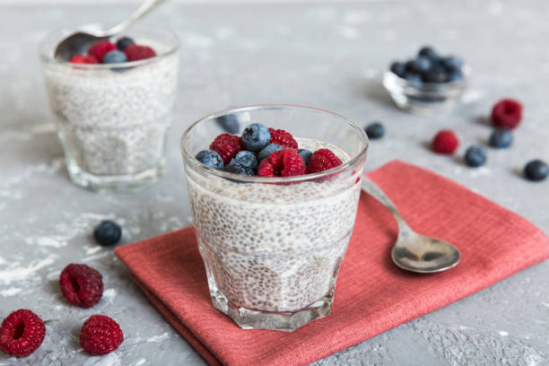 istock Healthy breakfast or morning with chia seeds vanilla pudding raspberry and blueberry berries on table background, vegetarian food, diet and health concept. Chia pudding with raspberry and blueberry 1483989939
