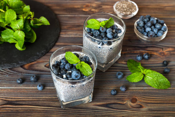 istock Healthy breakfast or morning with chia seeds vanilla pudding and blueberry berries on table background, vegetarian food, diet and health concept. Chia pudding with coconut milk and blueberry 1483989944