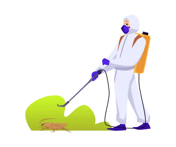 Vector illustration of Man in protective suit exterminating cockroach with spray, flat vector illustration isolated on white background.