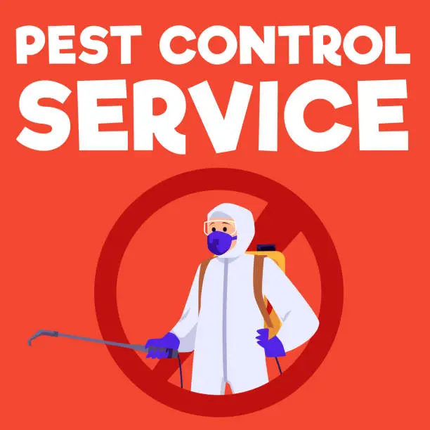 Vector illustration of Pest control service advertising poster, man in protective suit and spray - flat vector illustration.