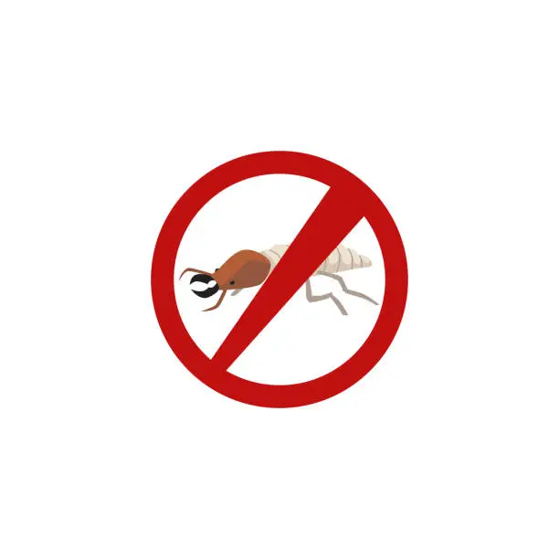 Vector illustration of Termite bug under prohibition sign, flat vector illustration isolated on white background.