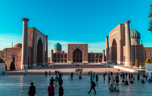 Samarkand, Uzbekistan - 13 October 2022: Famous Registan Square in Samarkand with lot of tourists